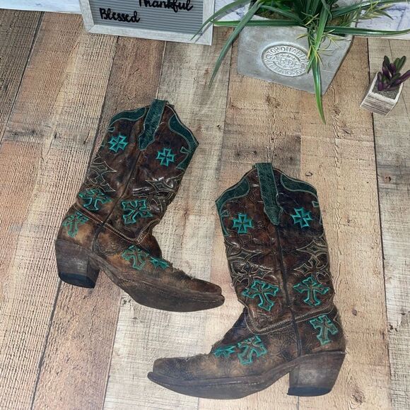 Corral Womens Whiskey Turquoise Blue Cross Brown Embroidered Western Boots - Picture 11 of 16